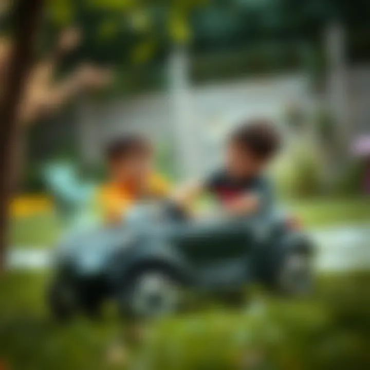 Child playing with an electric car in the backyard