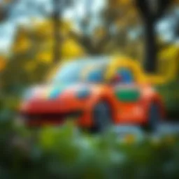 A colorful electric toy car in a park setting