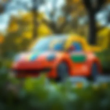 A colorful electric toy car in a park setting