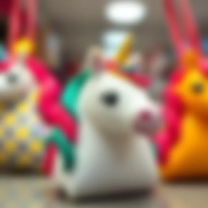 Close-up of unique unicorn bag designs