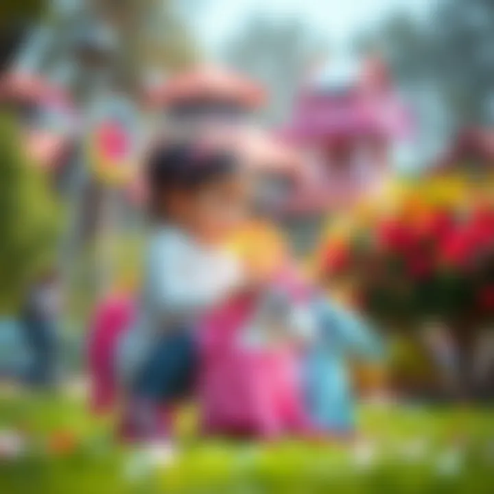 A child playing with unicorn bags in a park