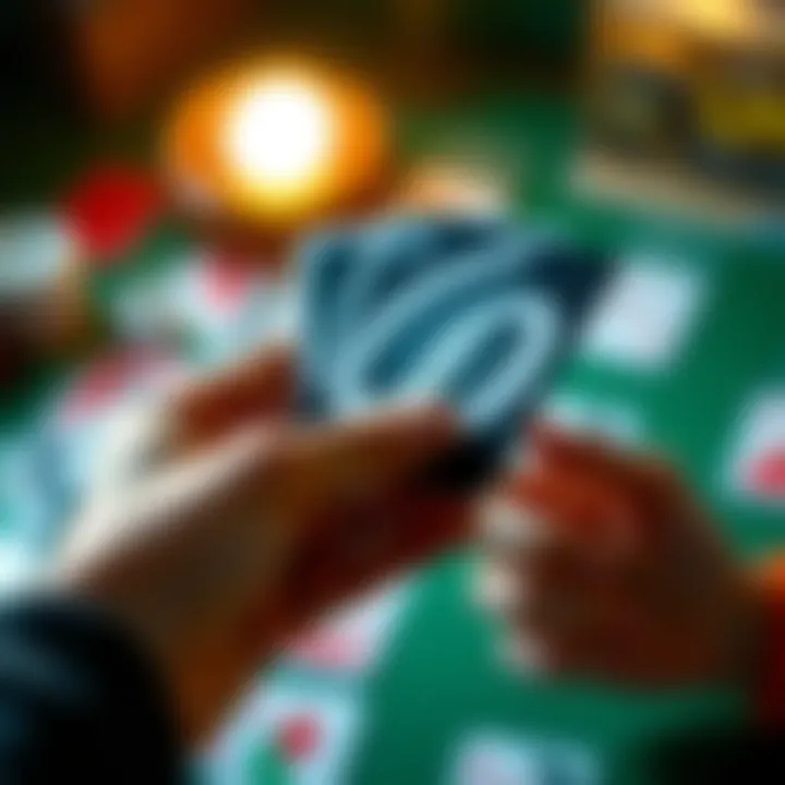 Close-up of a hand holding a winning Uno card