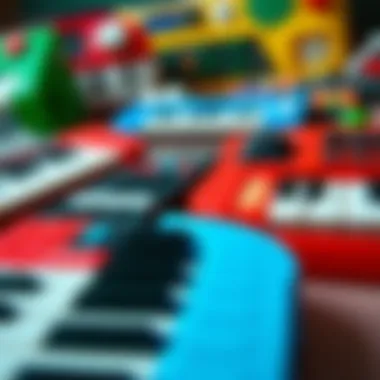 A close-up of different toy keyboard models available in the market.