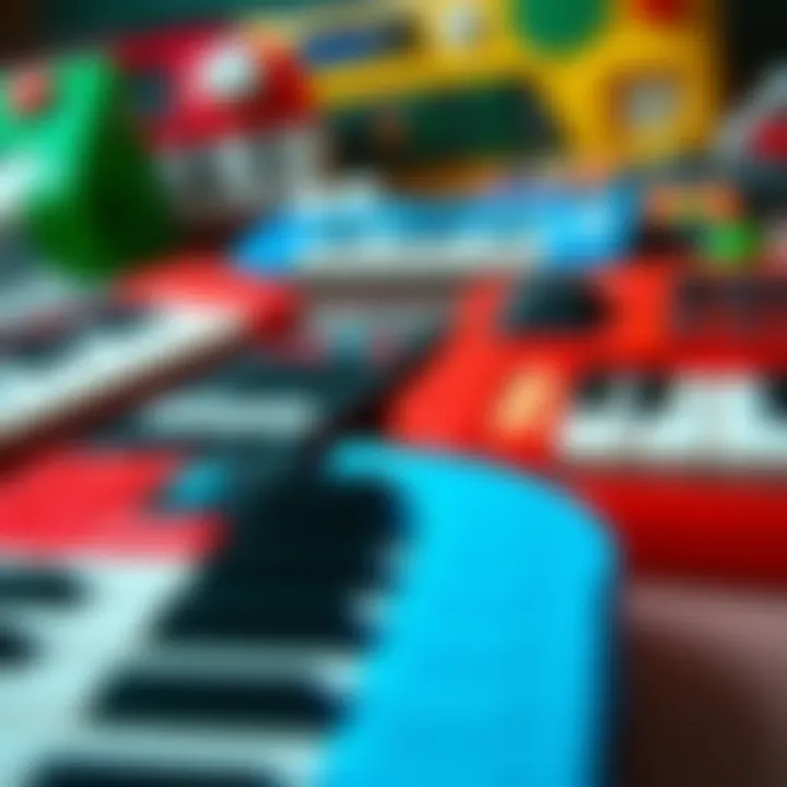 A close-up of different toy keyboard models available in the market.