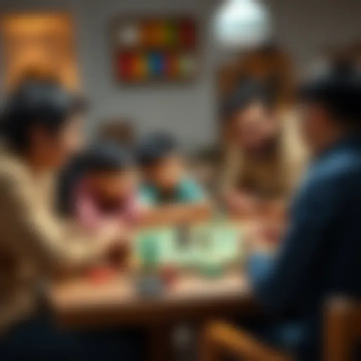A family gathered around a table playing a strategy game, fostering communication.
